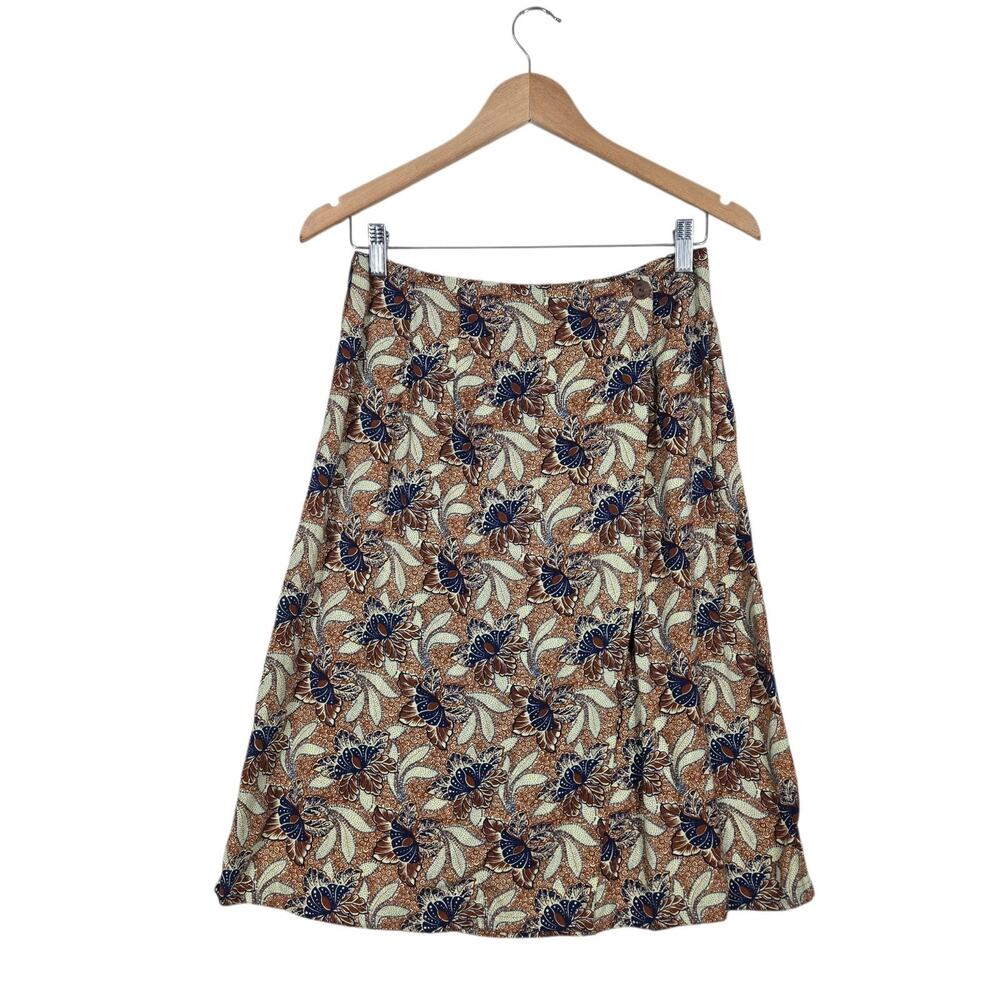 Vintage Passports Pier 1 Imports Wrap Skirt L Brown Blue Floral Rayon Boho Midi